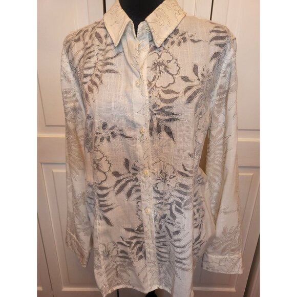 White Sheer Cutout Button Up Metallic Silver Trim Sag Harbor 16 Fairy Ethereal - Picture 1 of 8